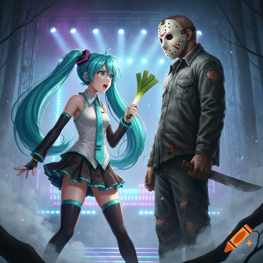 Anime pop star Hatsune Miku confronts horror icon Jason Voorhees on a smoky stage with spotlights; Miku holds a leek, Jason a machete.