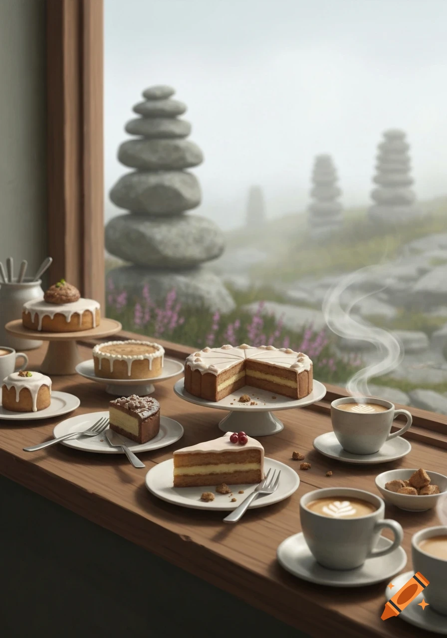Assortment of cakes, pastries, and steaming coffee cups on a wooden table, with a view of foggy mountains and stacked stone cairns outside a window.