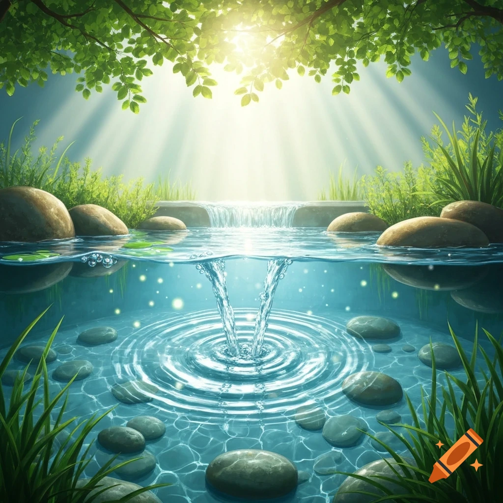 Serene split view of a natural pool with a small waterfall, sunlight, green foliage, and water rippling over submerged rocks.