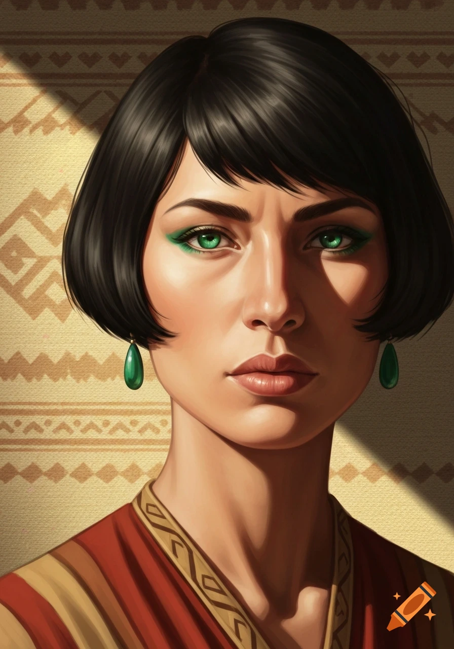 Close-up portrait of a woman with a dark bob haircut, striking green eyes with eyeliner, wearing a red and gold patterned garment against a patterned wall, digital art style.