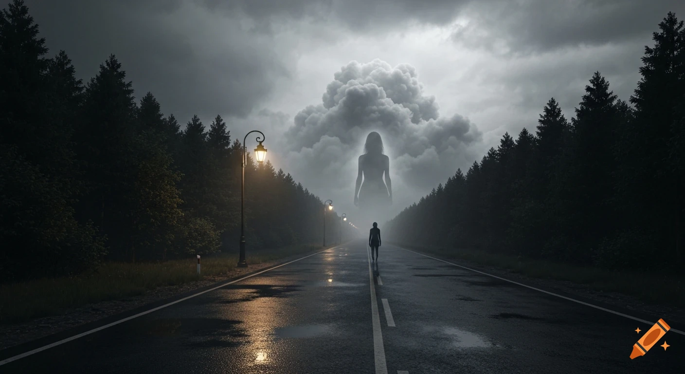 A dark, wet road through a dense forest with streetlights, a person walking, and a giant woman-shaped cloud.