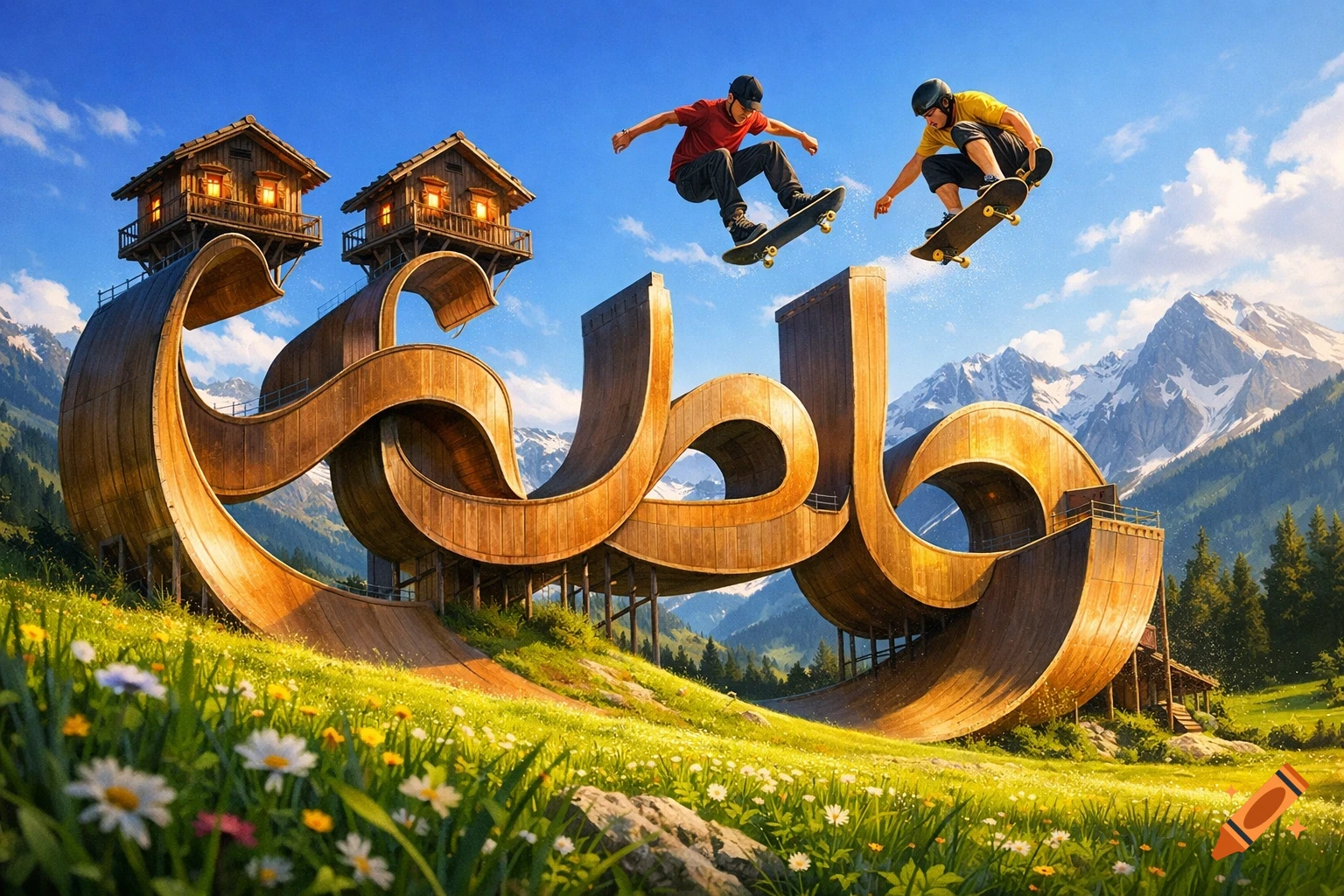 Two skateboarders jump over a massive wooden ramp shaped like Arabic calligraphy, topped with small houses, in a lush alpine meadow.