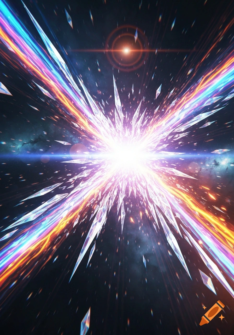 Abstract depiction of a vibrant energy explosion with sharp crystal fragments and colorful light streaks against a cosmic background.