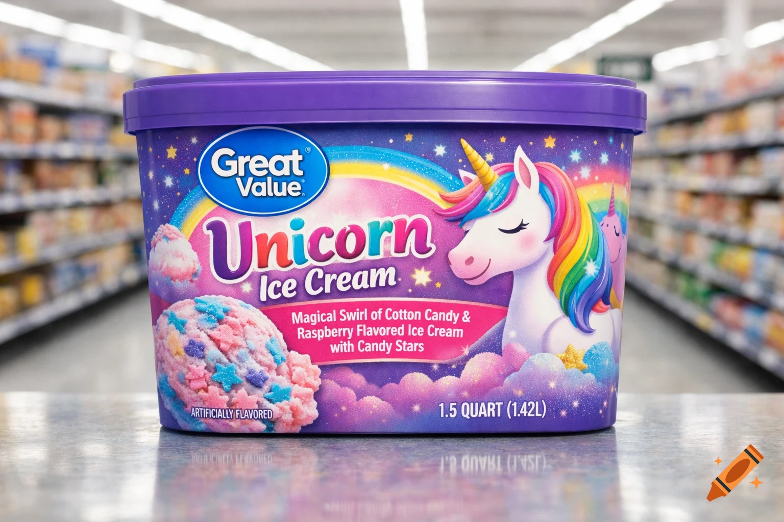 A vibrant purple tub of Great Value Unicorn Ice Cream with a unicorn graphic and a scoop of colorful ice cream, in a grocery store aisle.