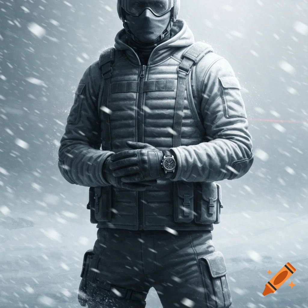 A person in a black ski mask, goggles, and a padded winter jacket stands in an arctic blizzard.
