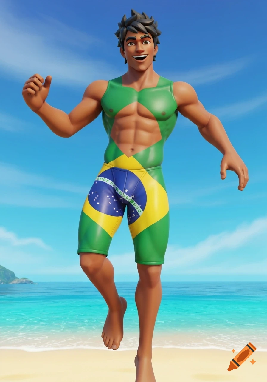A stylized muscular male character in a green and yellow Brazilian flag speedo stands smiling on a sunny beach, facing forward.