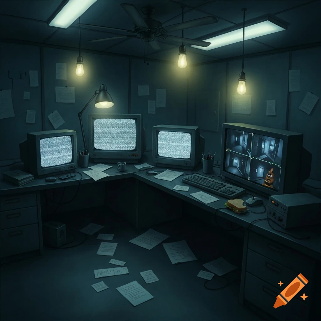 A dark, eerie office with multiple old CRT monitors, some displaying static, and one showing a surveillance feed of a hallway with a cartoonish animatronic. Papers are scattered on the desk and floor, lit by hanging bulbs and a desk lamp.