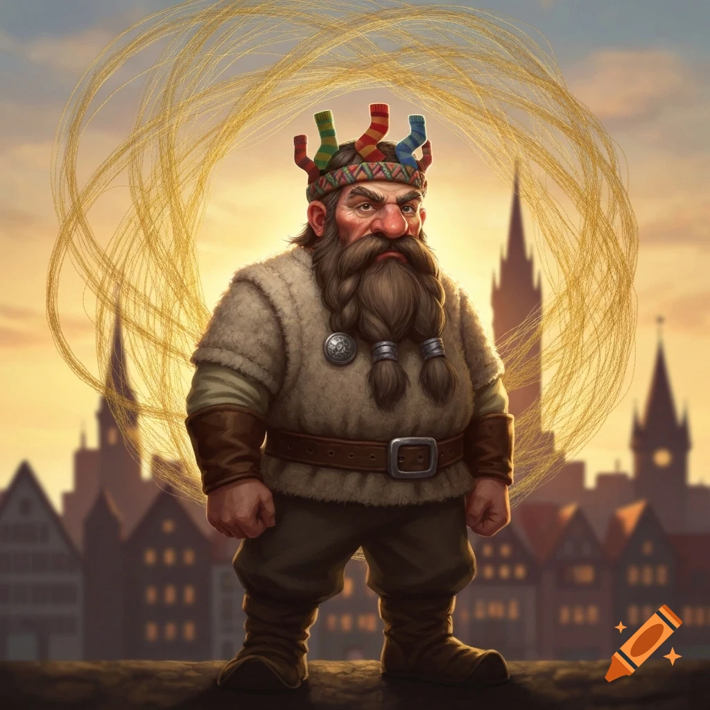A cartoonish dwarf wearing a sock crown stands against a city silhouette with golden threads in the sky.