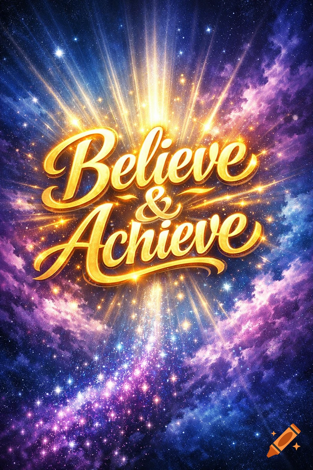 Golden 'Believe & Achieve' text glows brightly against a sparkling blue and purple cosmic background with radiating light.