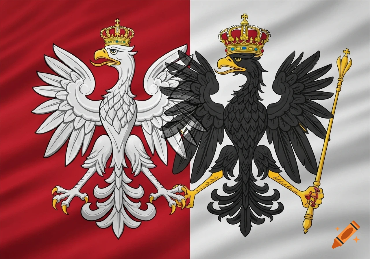 Two crowned eagles, one white on red and one black on white, stand side-by-side like a flag.