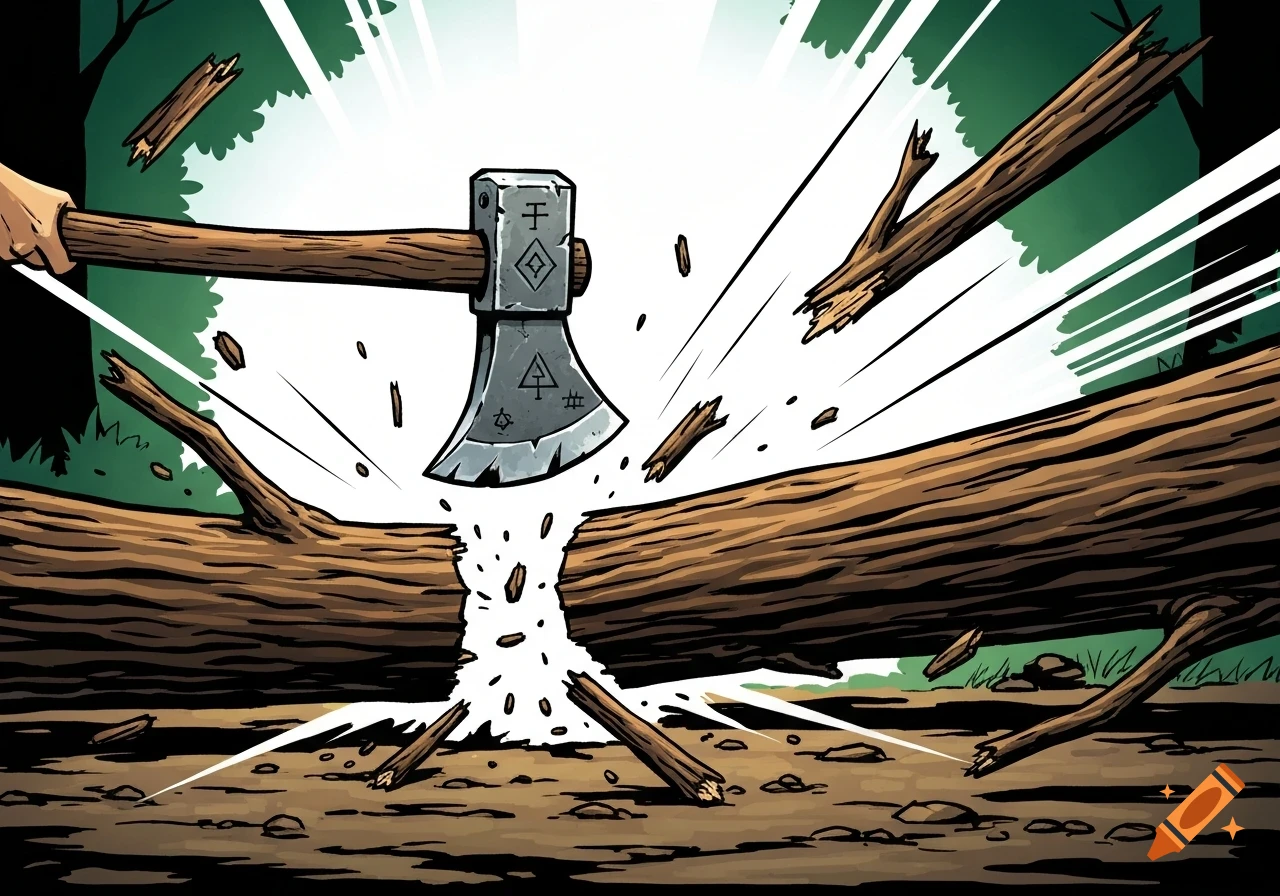 A comic-style illustration of an axe chopping a log into two pieces on the ground, with wood chips flying.
