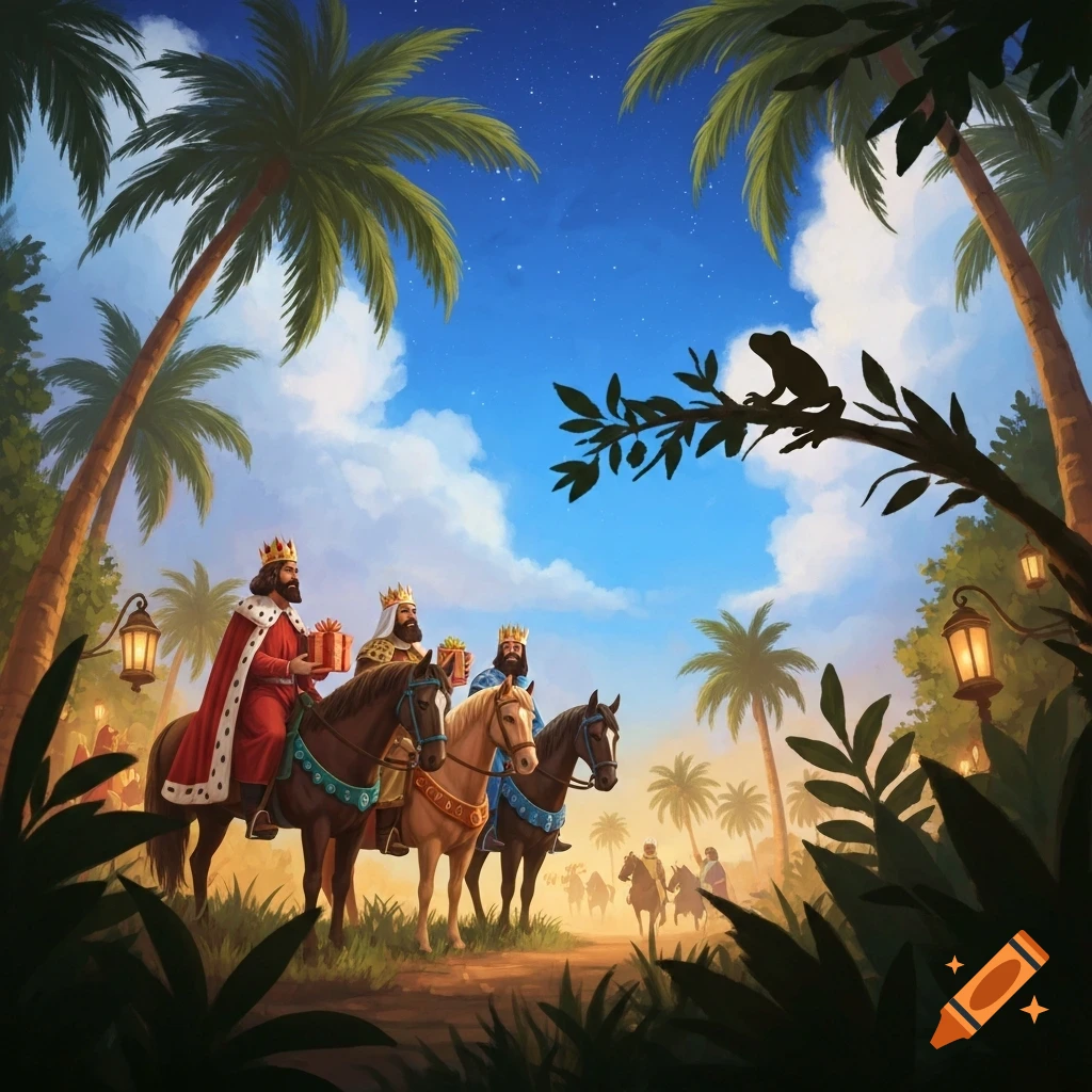 Illustrative scene of the Three Kings on horseback with gifts, framed by palm trees, under a blue sky, with a coqui frog on a branch.