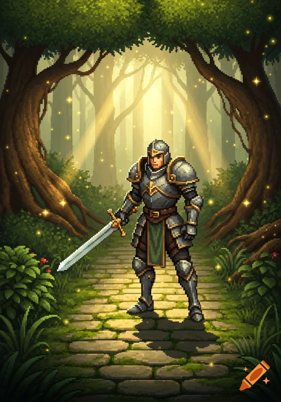 Pixel art knight in shining armor with a sword standing on a stone path in a sun-dappled fantasy forest.