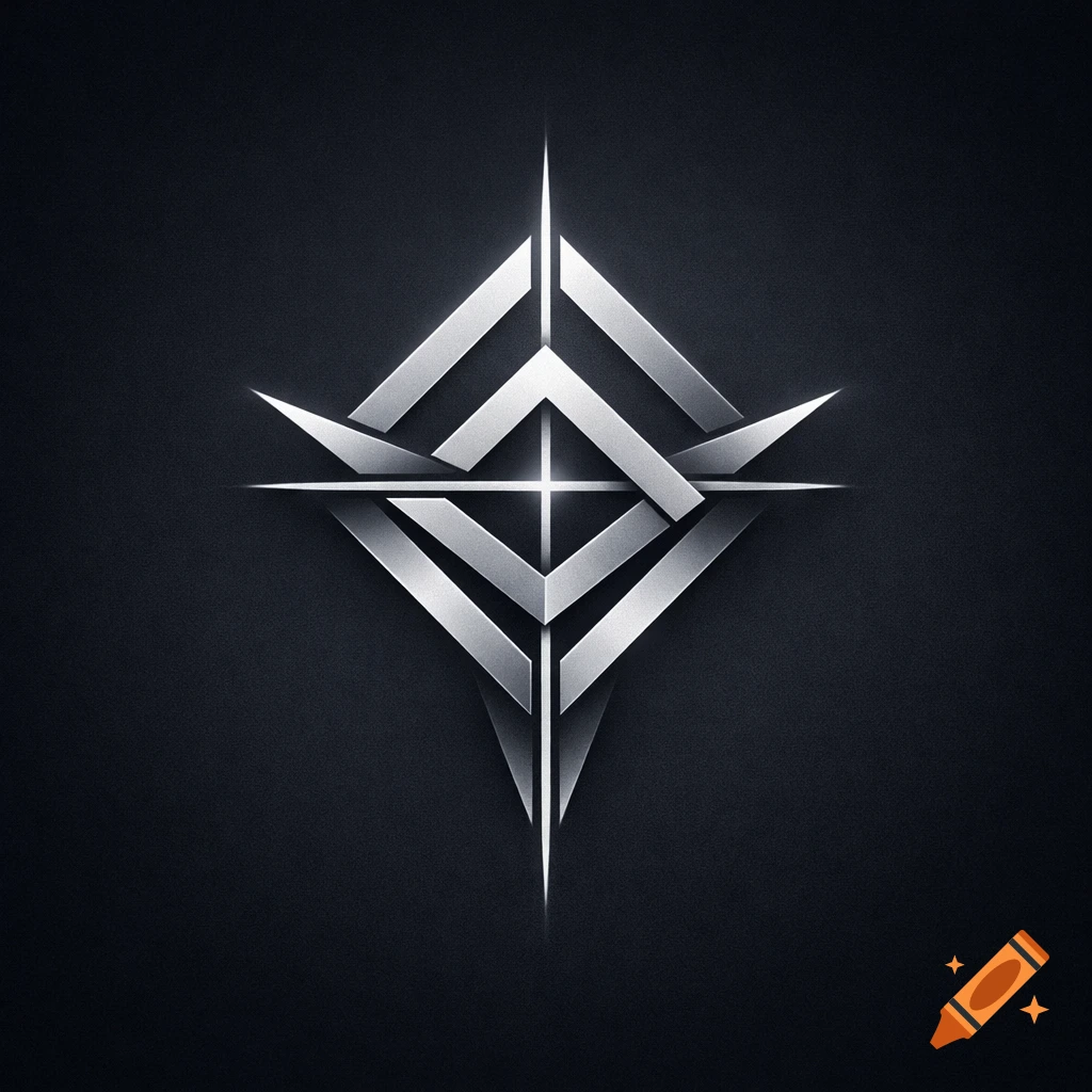 A shiny metallic, abstract symbol or logo with sharp, intersecting lines, set against a dark, textured background.