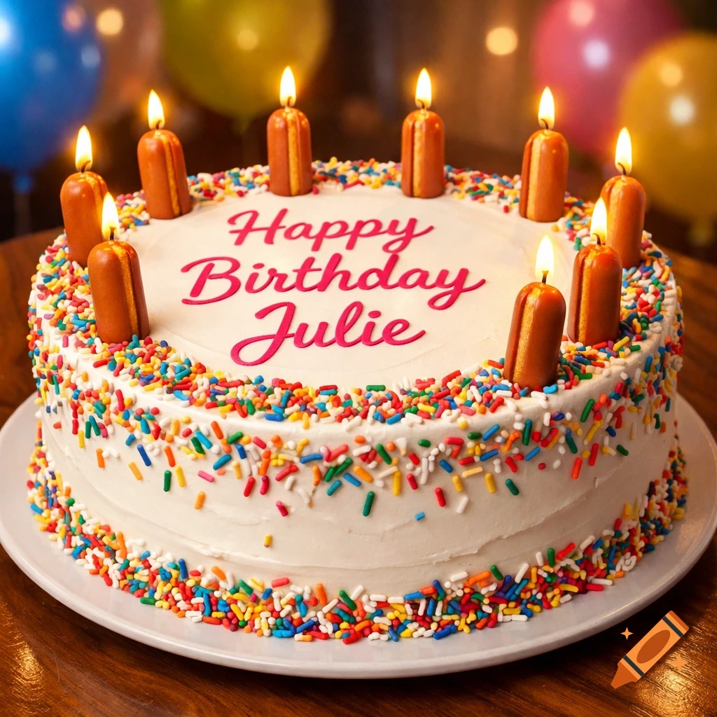 Photorealistic birthday cake with white frosting, colorful sprinkles, 'Happy Birthday Julie' in pink cursive, and lit hot dog candles.
