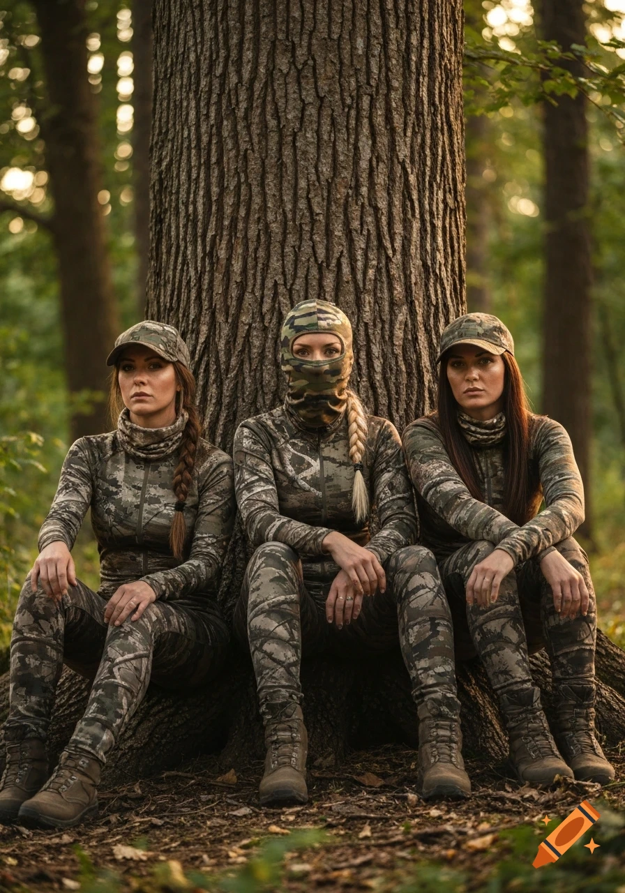 Three women in camouflage hunting gear sit side-by-side at the base of a large tree in a forest at golden hour.