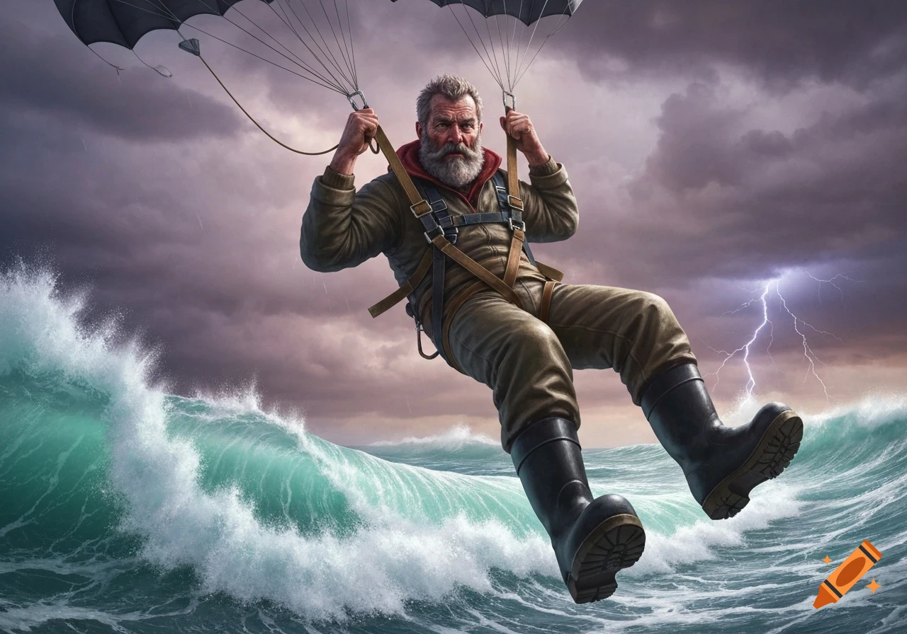 A bearded man in a harness parachutes over a stormy ocean with crashing waves and lightning under dark clouds.