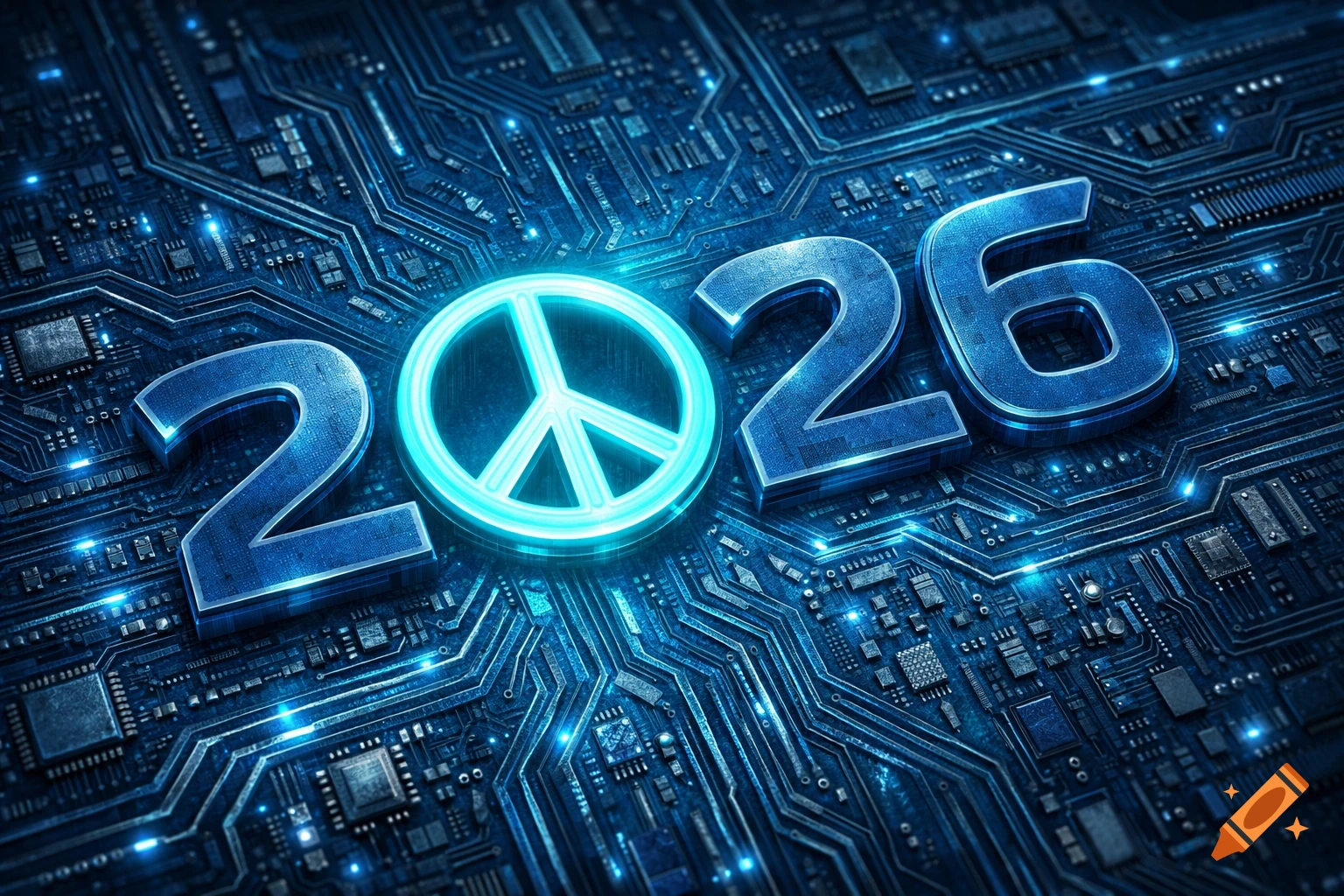The year 2026 with a glowing peace sign in place of the '0', set on a blue, illuminated circuit board.