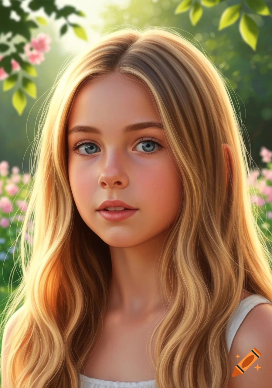 Close-up portrait of a young girl with long blonde wavy hair and blue eyes, in a sunny garden with pink flowers.