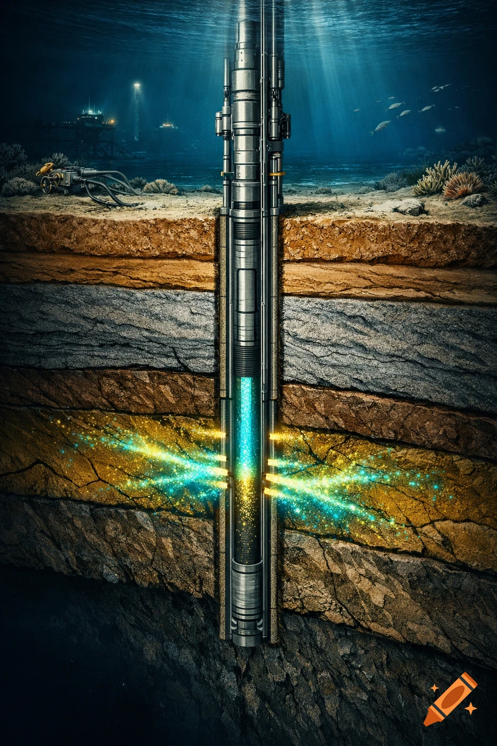 Cross-section of an underwater subsea injection well with glowing blue and yellow energy flowing into rock layers. Distant oil platforms are visible.