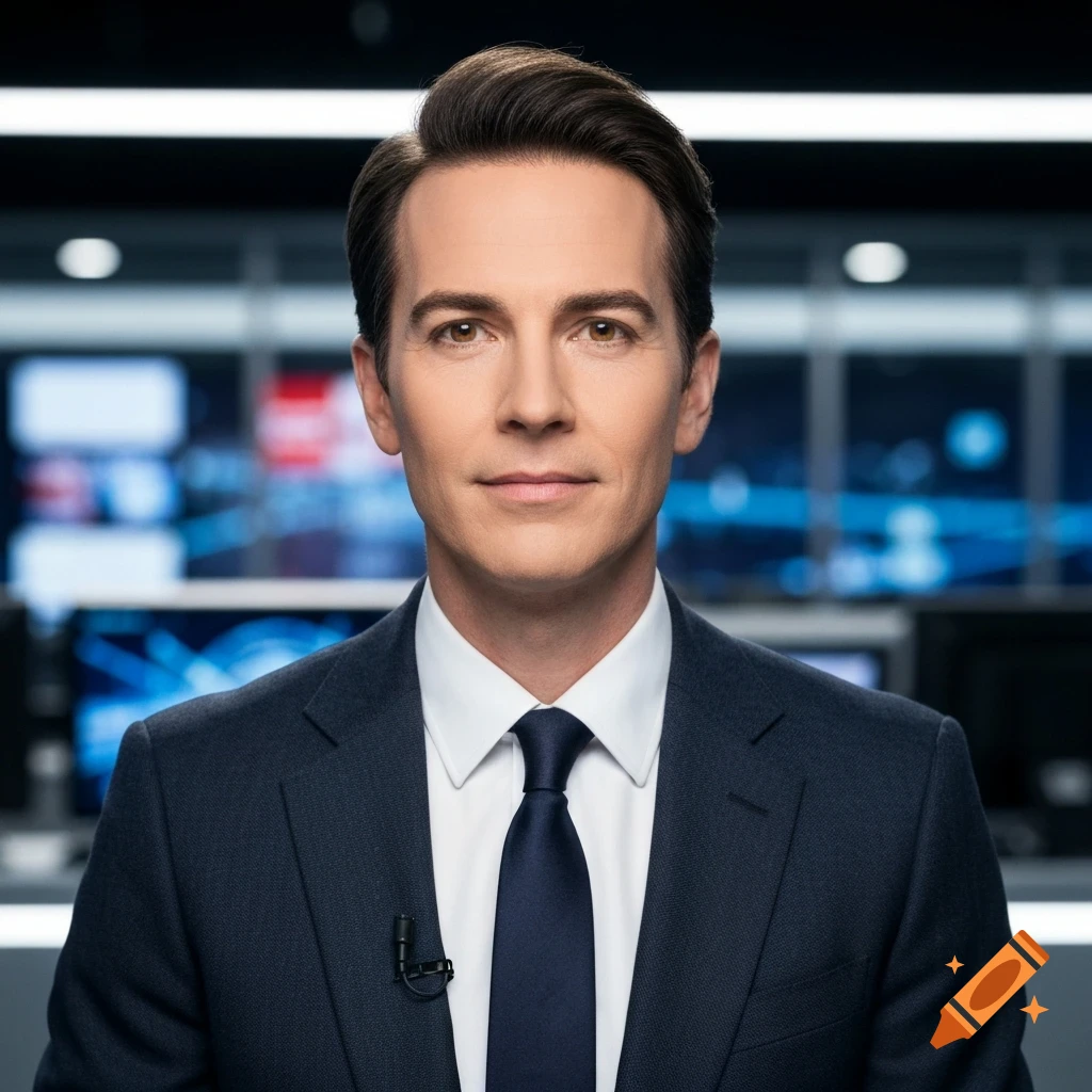 Photorealistic portrait of a male news anchor in a suit and tie, looking at the camera from a blurred newsroom.