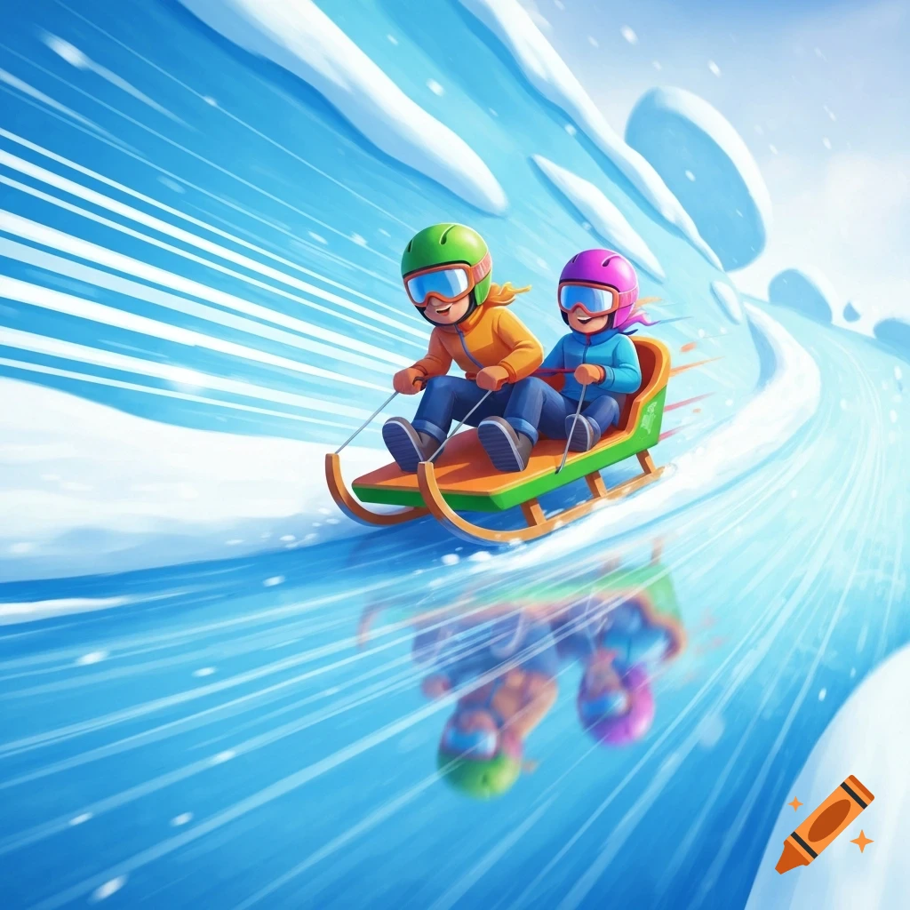 Two stylized children wearing colorful helmets and goggles sledding rapidly down a snowy, icy track, depicted with speed lines in a vibrant cartoon style.