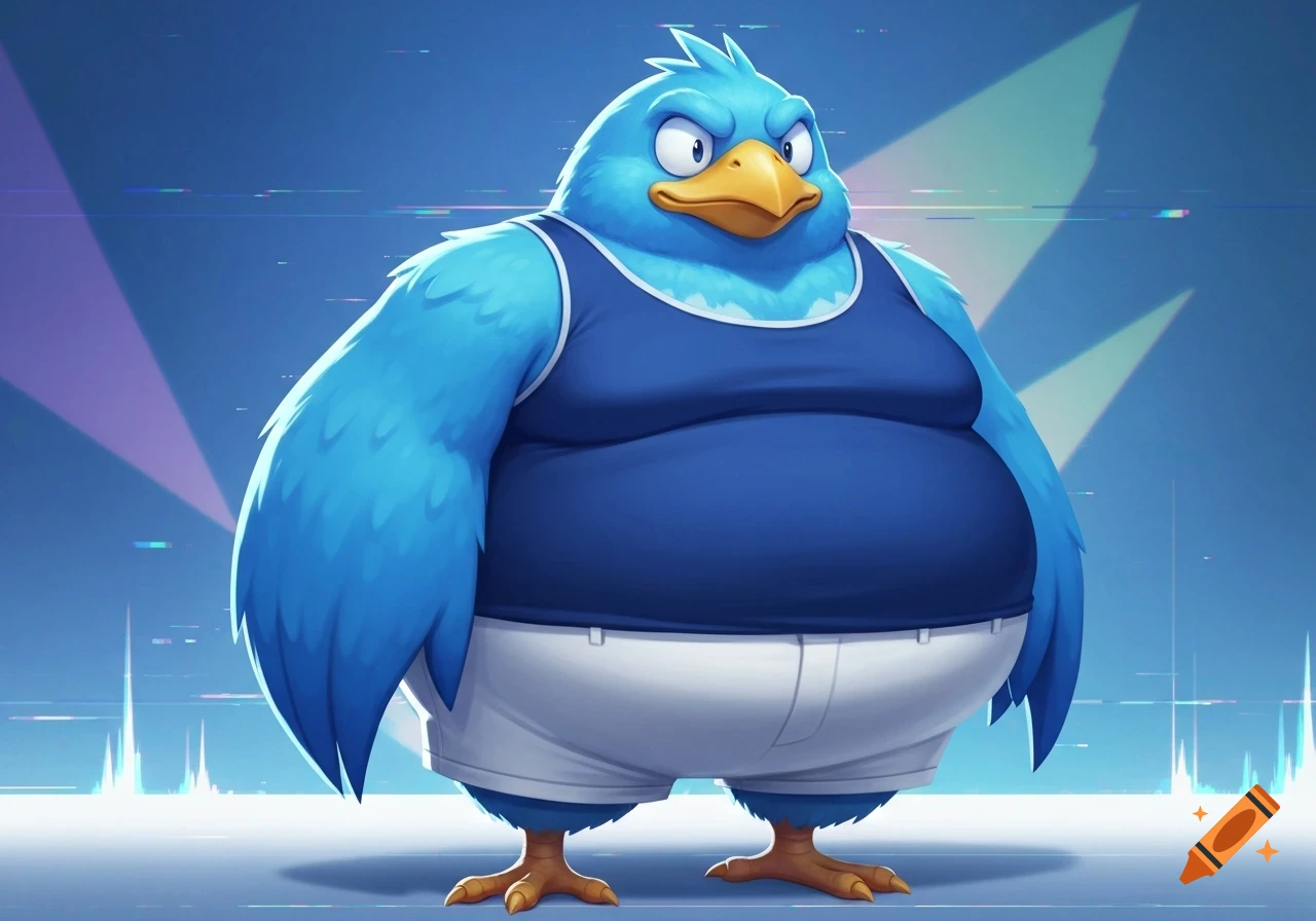 A strong, fat blue cartoon bird wearing a navy tank top and white shorts stands against a blue background with light effects.