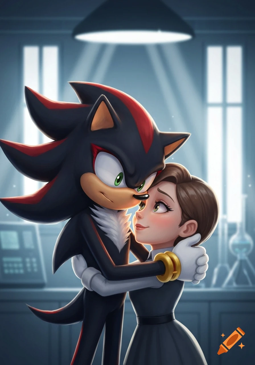 Cartoon of Shadow the Hedgehog embracing Maria Robotnik in a lab setting, digital art style.