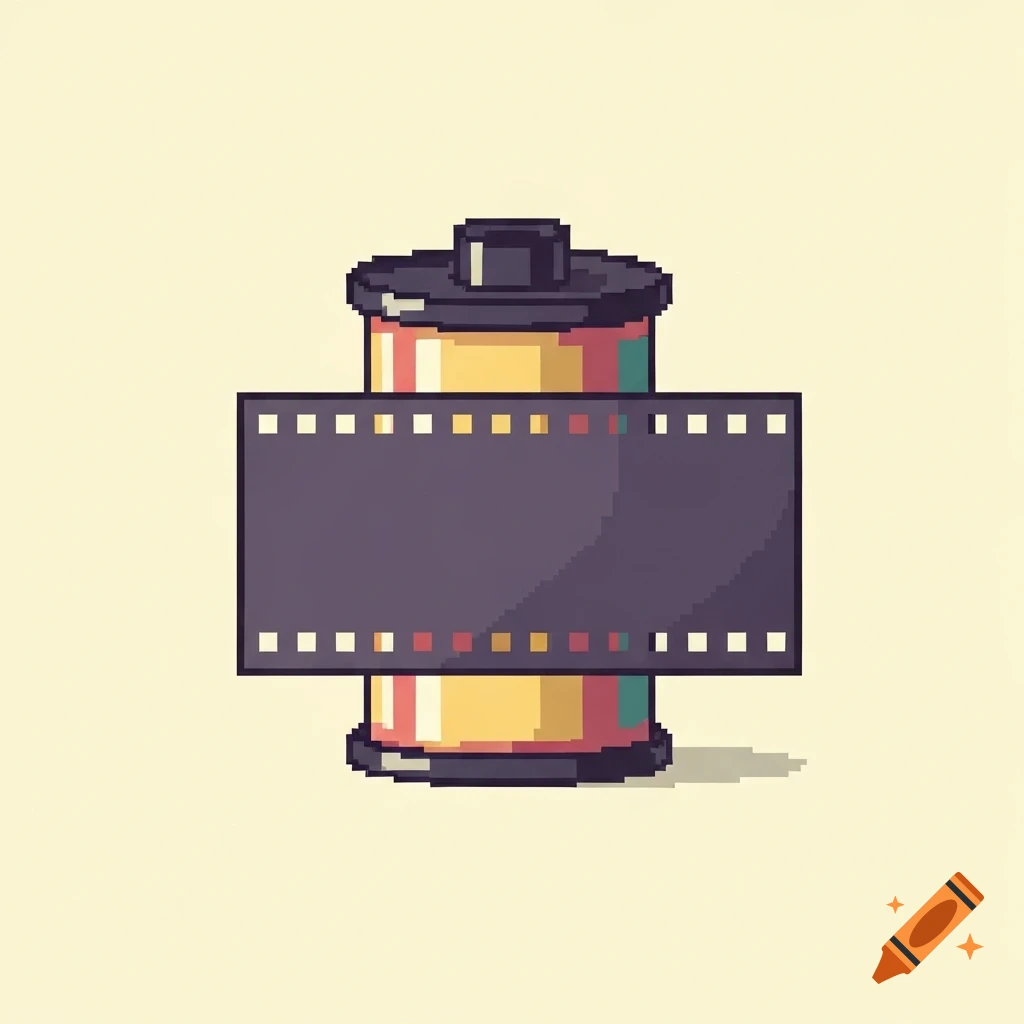A pixel art illustration of a 35mm film roll with a blank film strip showing, against a light background.