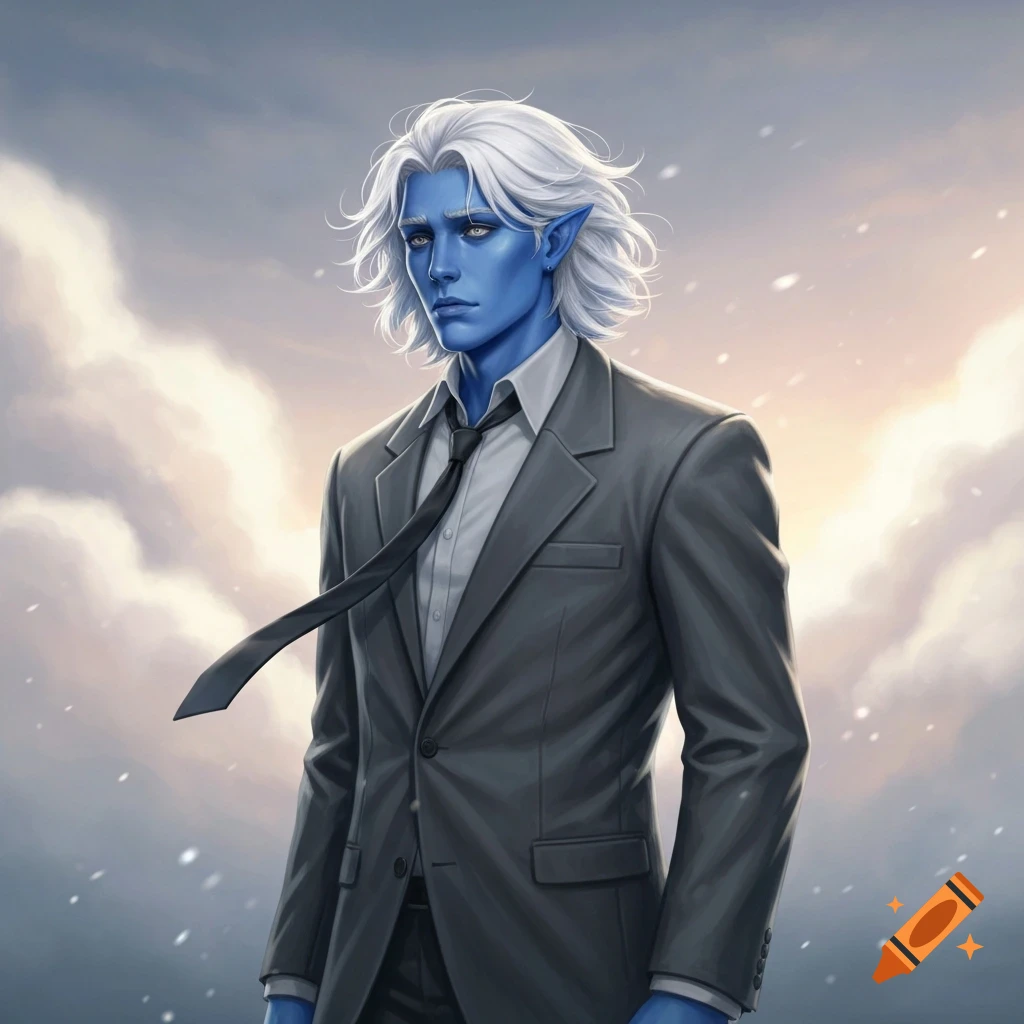 A blue-skinned male air genasi with white hair and glowing eyes, wearing an ill-fitting gray suit and tie, against a cloudy sky.