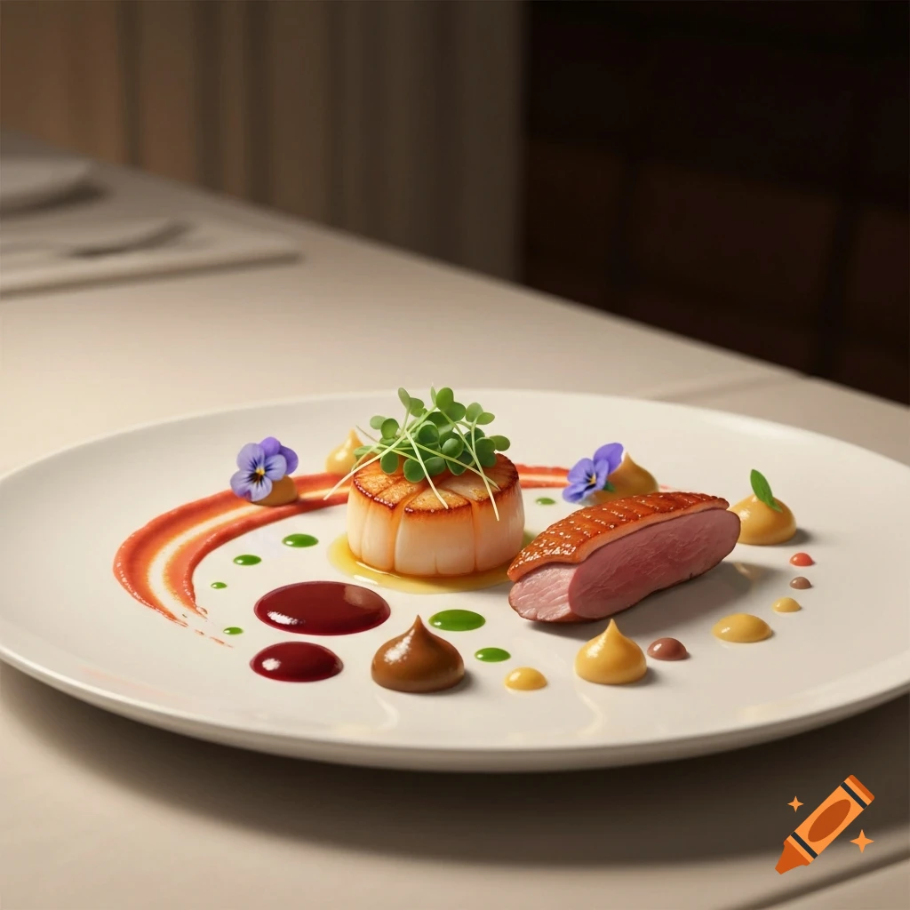 A gourmet plate featuring a seared scallop, sliced duck breast, various colorful sauces, and edible flowers.