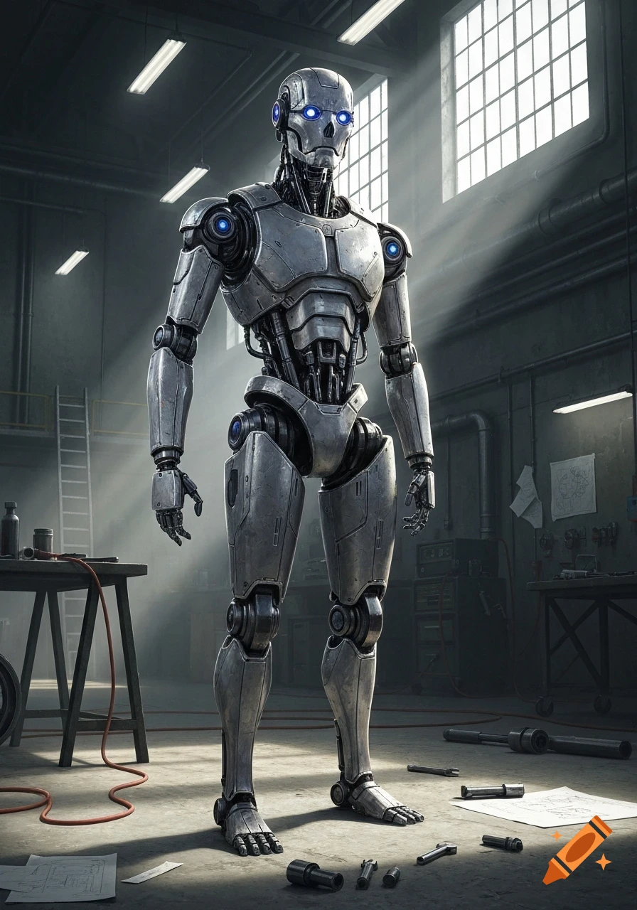 A tall, metallic robot with glowing blue eyes and joints stands in a dimly lit industrial workshop with scattered tools.