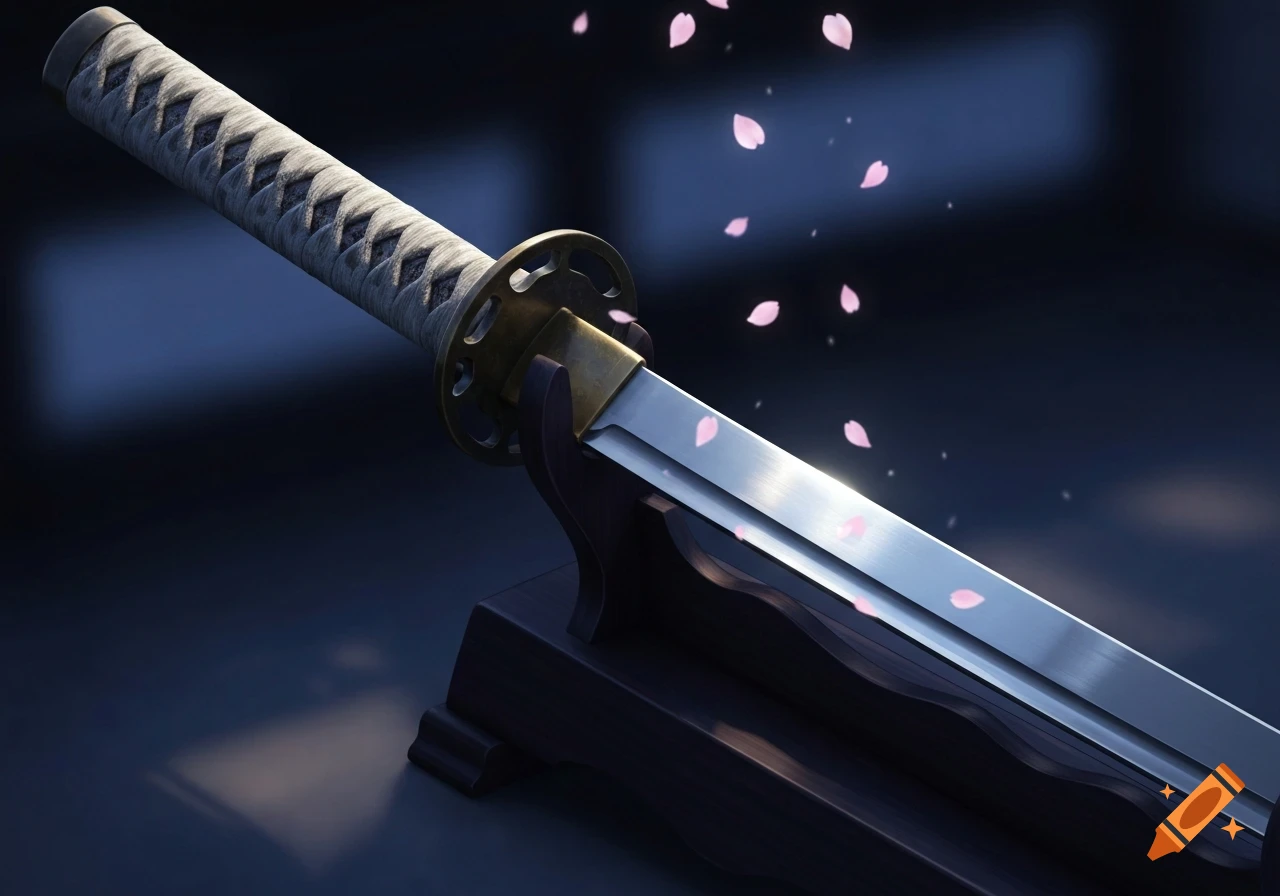A photorealistic katana rests on a wooden display stand, with pink cherry blossom petals falling around it against a dark background.