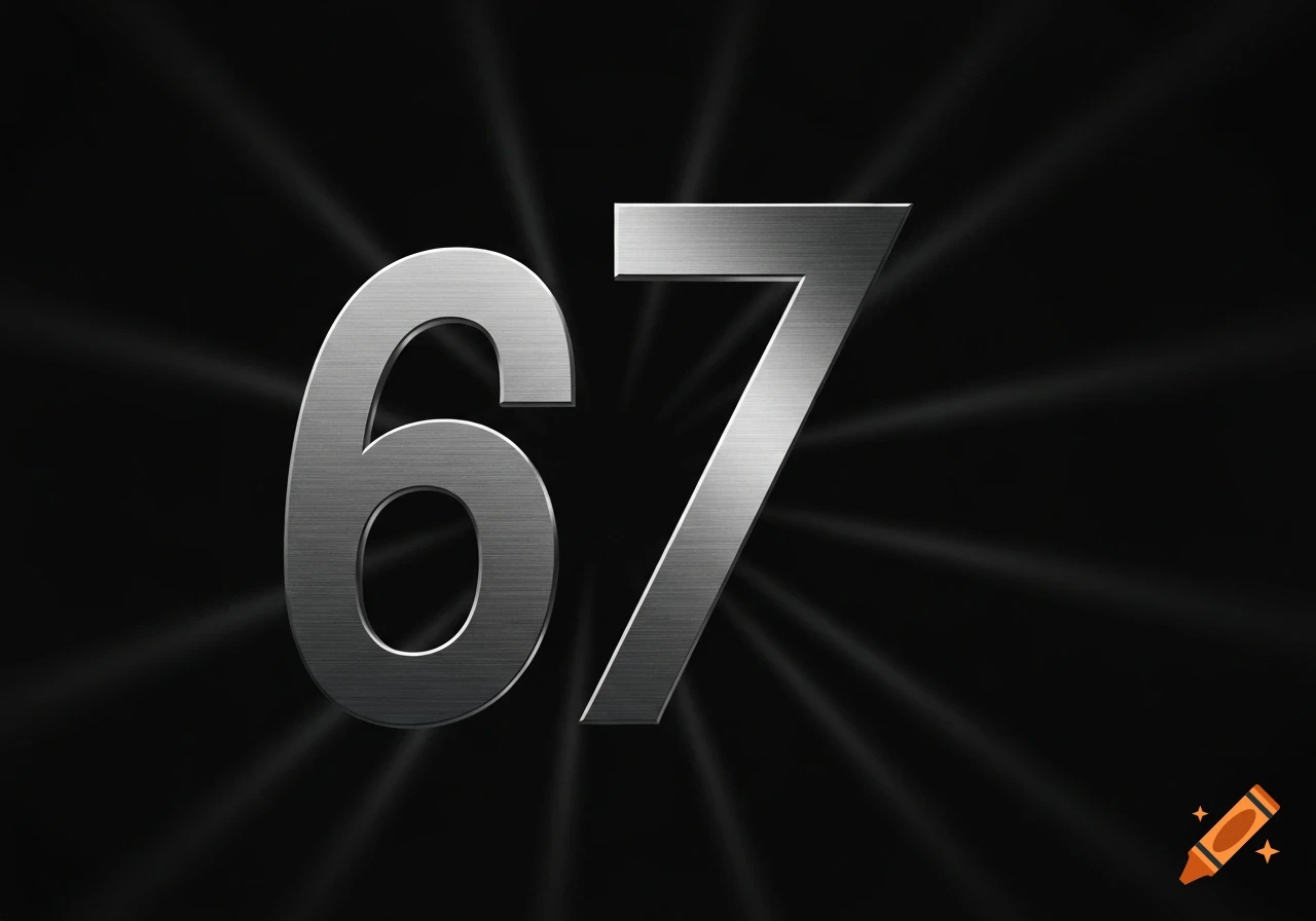 Metallic numbers 67 on a dark background with radial light rays.