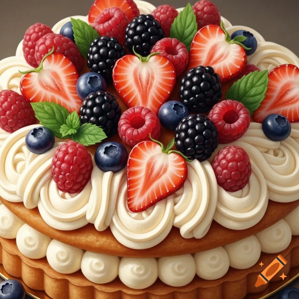 Hyperrealistic fruit tart with white cream swirls, heart-shaped strawberries, raspberries, blackberries, blueberries, and mint leaves.