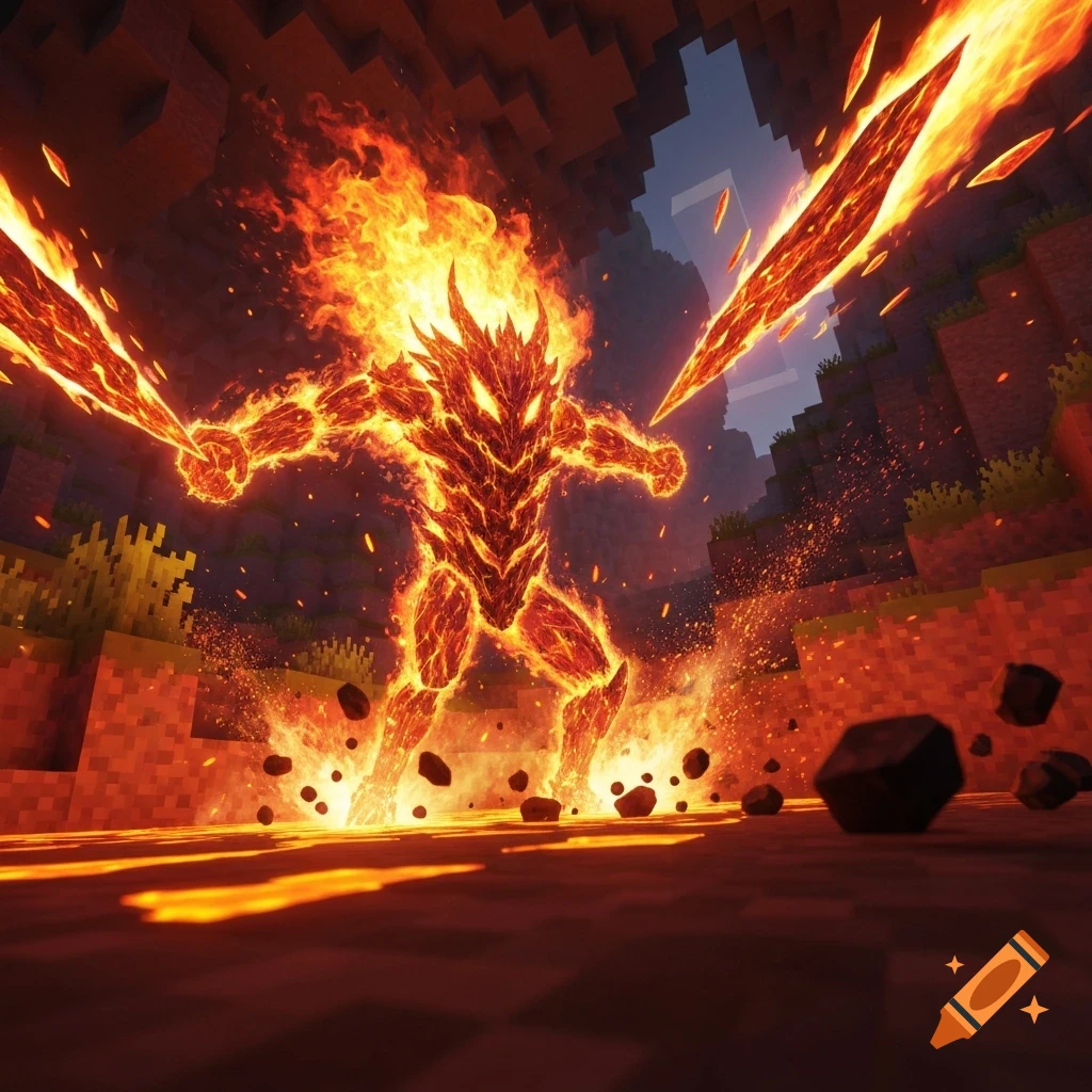 A fiery monster with glowing swords stands in a blocky Minecraft landscape, surrounded by fire and embers.