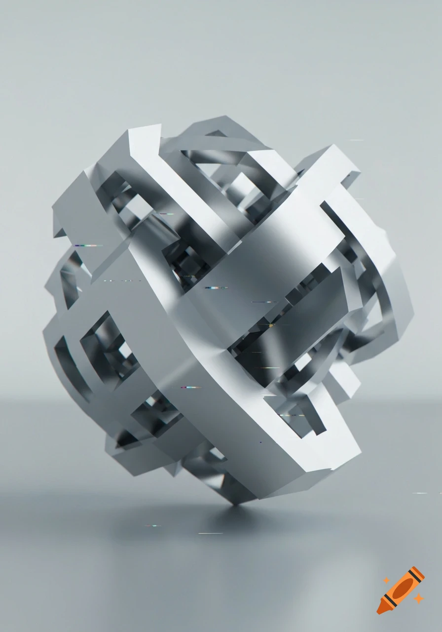 Abstract silver geometric sculpture with glitch effects on a light gray background.