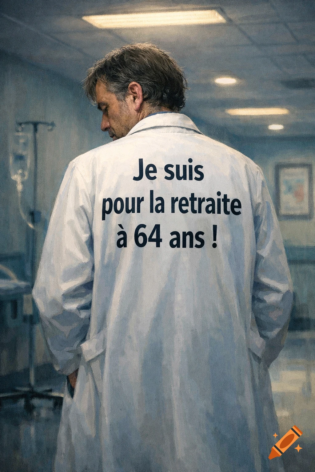 A doctor from behind in a white lab coat, with "Je suis pour la retraite a 64 ans !" written on the back, standing in a hospital corridor.