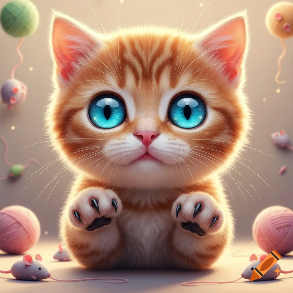 A cute, stylized orange tabby kitten with large blue eyes and sharp claws sits among pink yarn and toy mice.