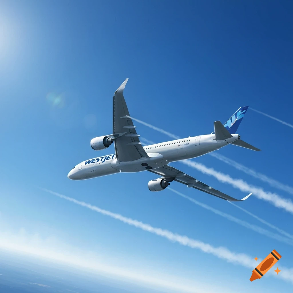 A photorealistic Westjet passenger plane flies through a clear blue sky, leaving white contrails behind it.