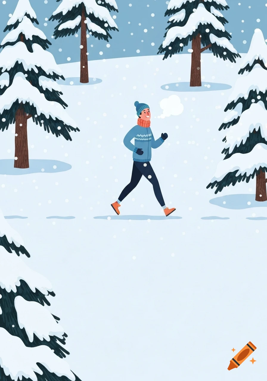 Cartoon illustration of a person jogging through a snowy forest with snow falling.