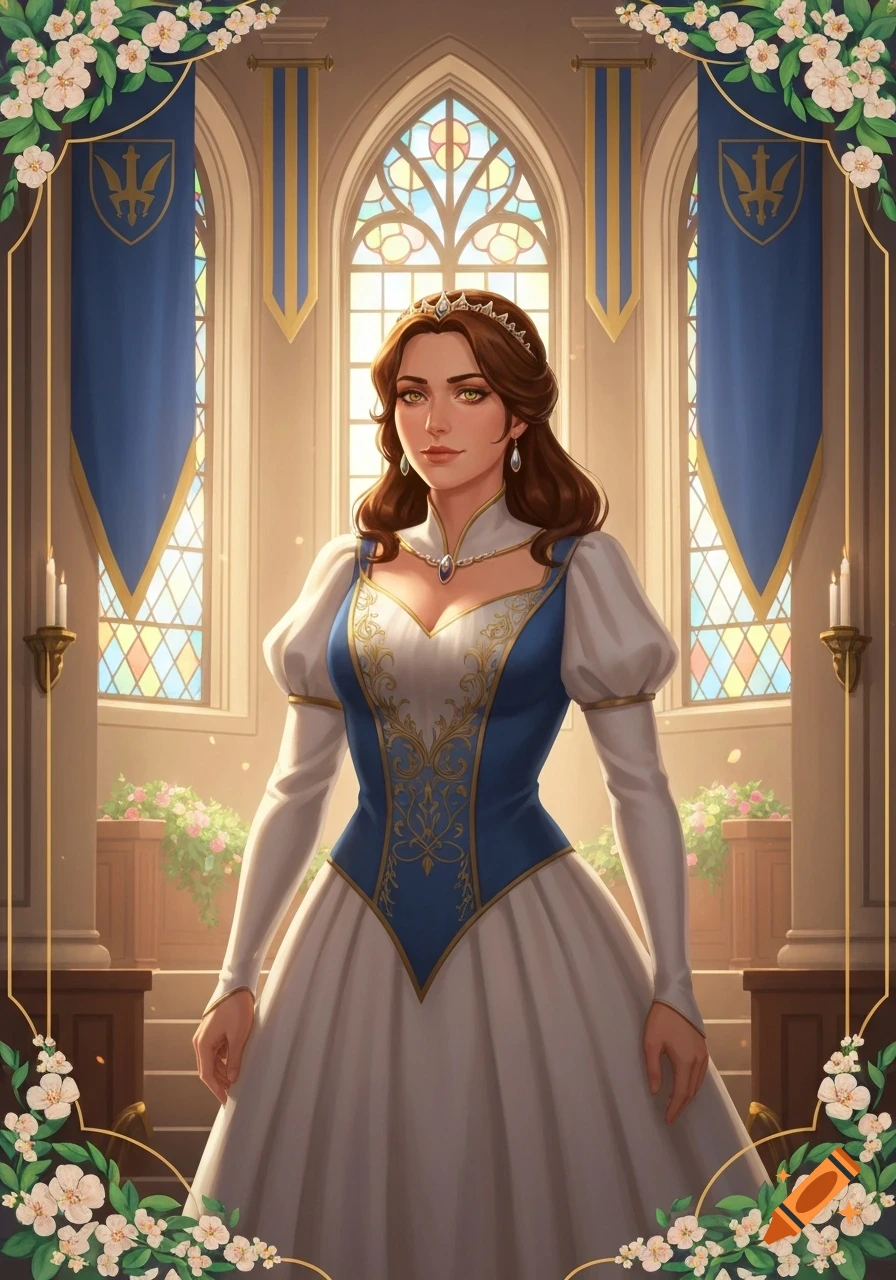 A regal princess with brown hair and a blue and white gown stands in a grand hall with stained glass windows, framed by flowers.