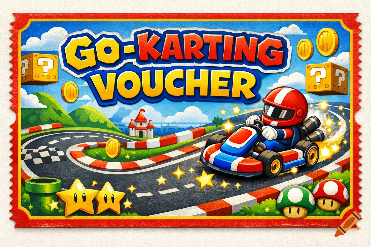A colorful Super Mario style go-karting voucher featuring a kart racer, track, coins, stars, and mushrooms.