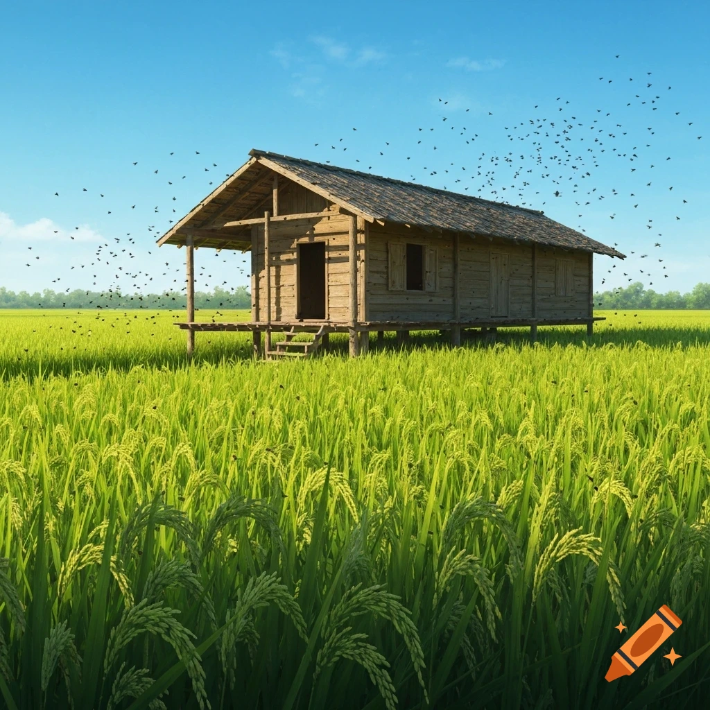 A rustic wooden house on stilts stands in a vibrant green rice field under a clear blue sky, with a swarm of small dark birds flying.