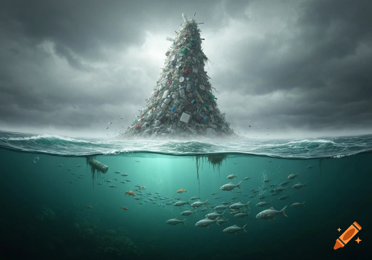 Photorealistic image of a vast trash mountain rising from a dark, stormy ocean, with schools of fish swimming beneath the waves.