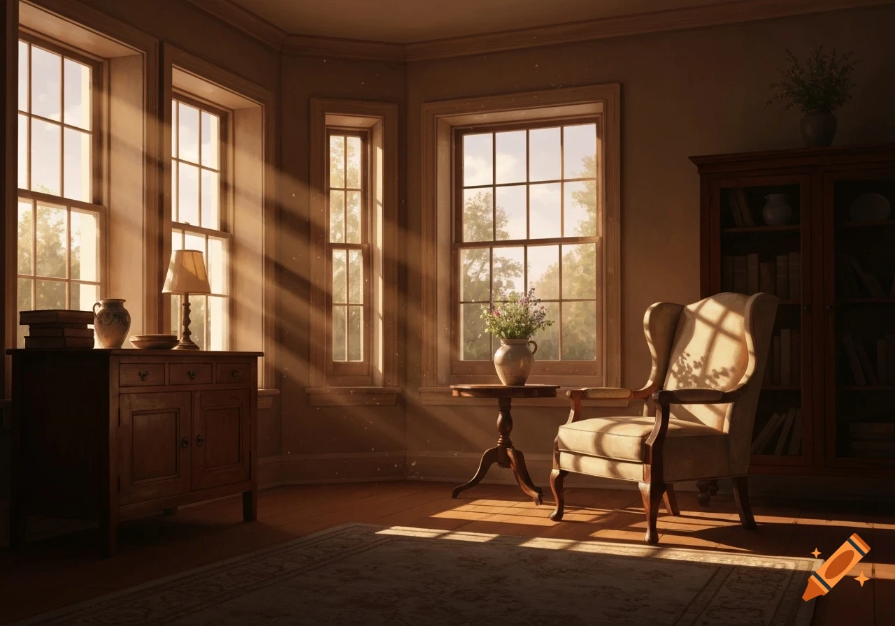 A warmly lit room with sunlight streaming through large windows, highlighting an armchair, a dresser, and a small table with flowers.
