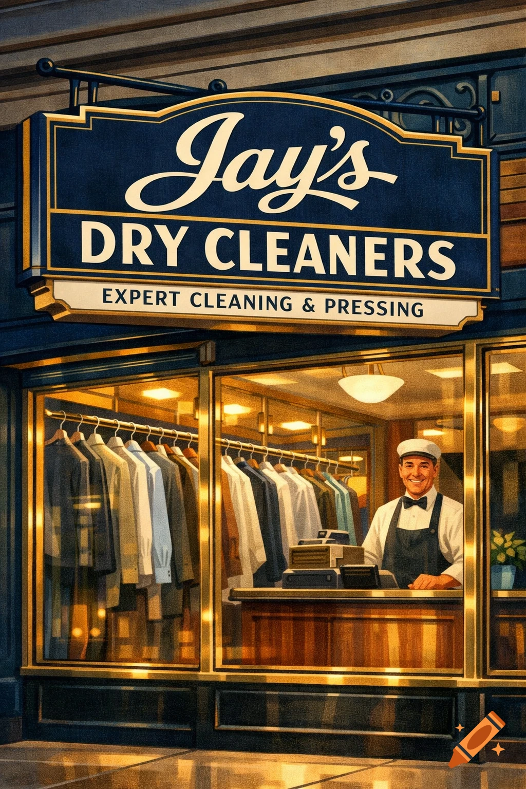 An illustrative scene of Jay's Dry Cleaners storefront with a smiling attendant and clothes hanging inside.