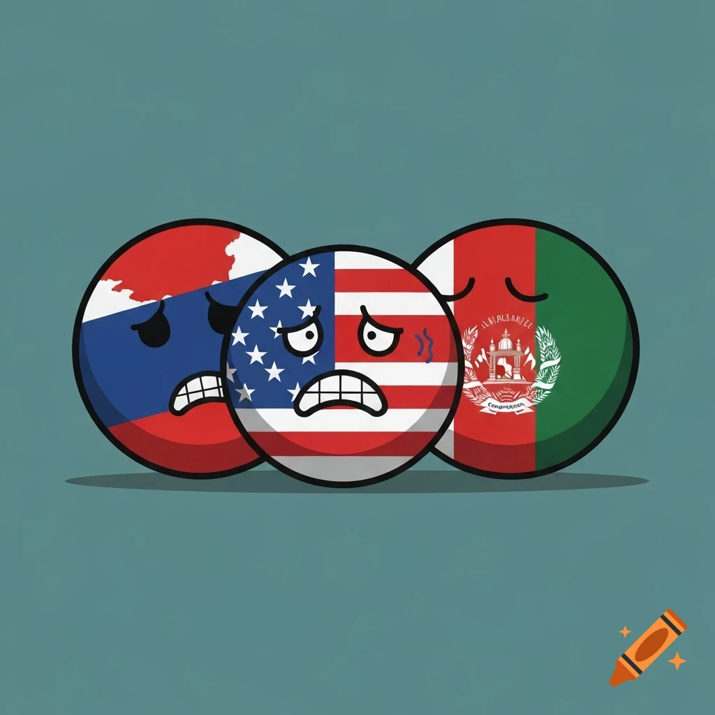 Cartoon of USA countryball looking scared between sad Russia and Afghanistan countryballs.