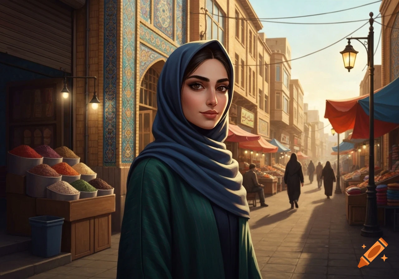 A young Persian woman in a blue hijab and green abaya stands in a vibrant street market with spices and patterned buildings.