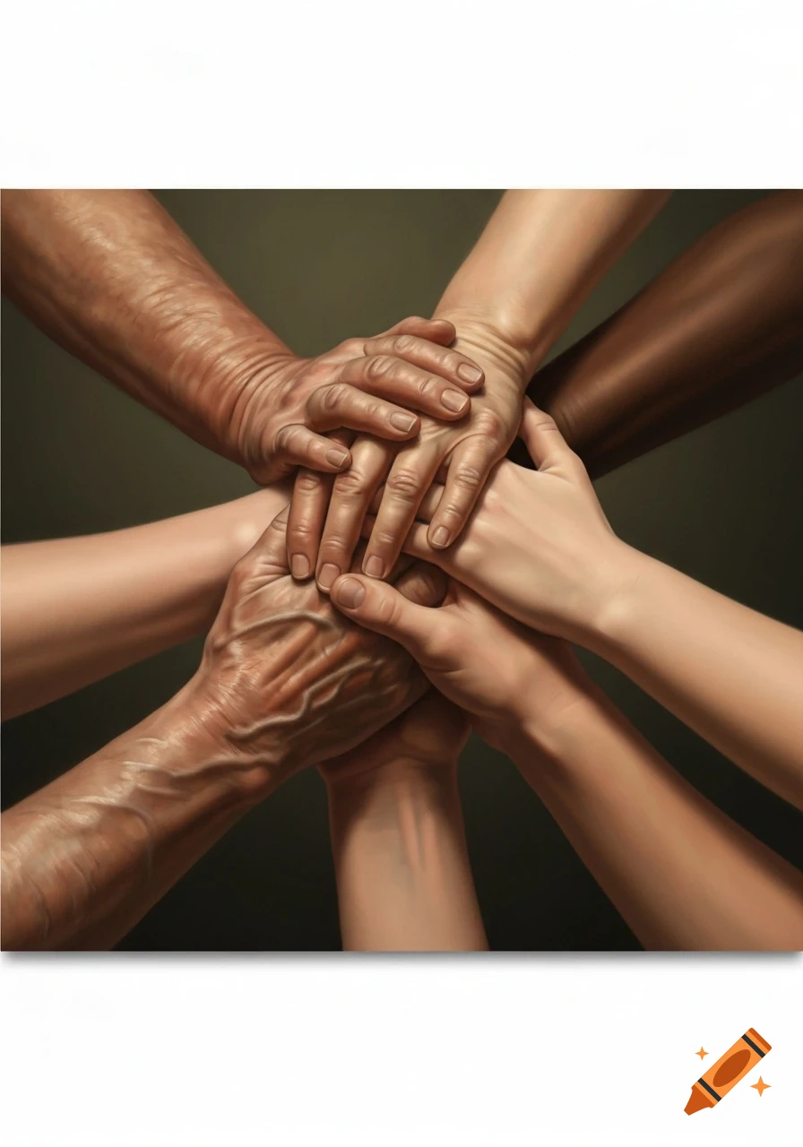 Close-up of hands with diverse skin tones and ages stacked in a pile, rendered in a realistic painting style, symbolizing unity.